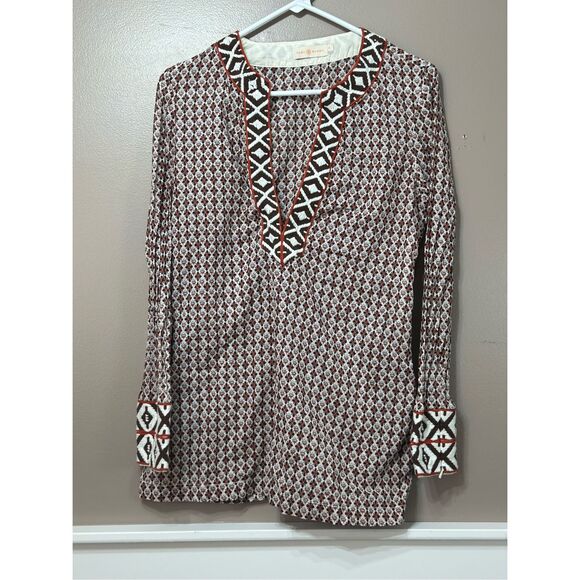 Tory Burch Boho Peasant Collar Lightweight Cotton 70s Pattern Long Sleeve Blouse - Picture 2 of 11